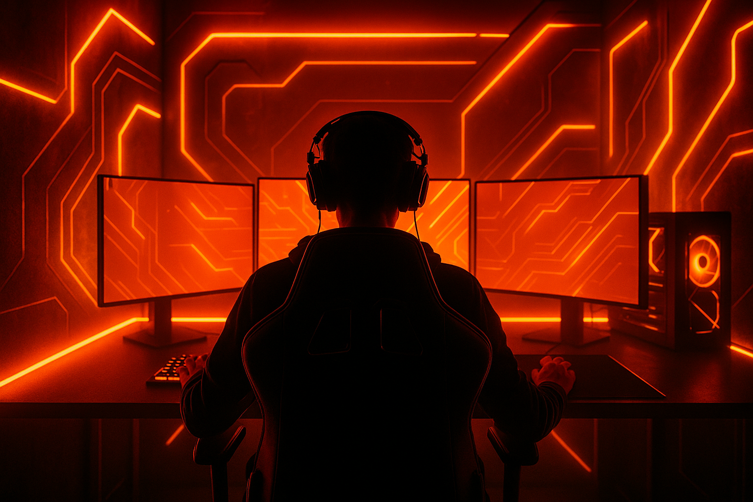 Fondo gamer neon naranja con una persona jugando